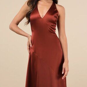 Lulus Purely Elegant Rust Brown Satin Twist-back Maxi Dress - Size XS